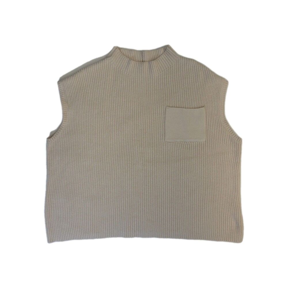 Women’s M Fashion Sleeveless Mock Neck Sweater Tank Cream Tan Ribbed Minimalist